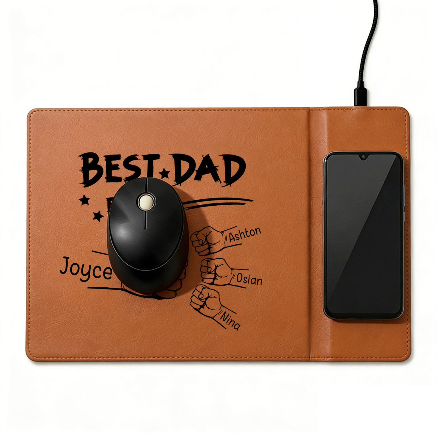 Personalized Leather Desk Pad With Wireless Charging Function Custom with 1-6 Names And Fist Bumps