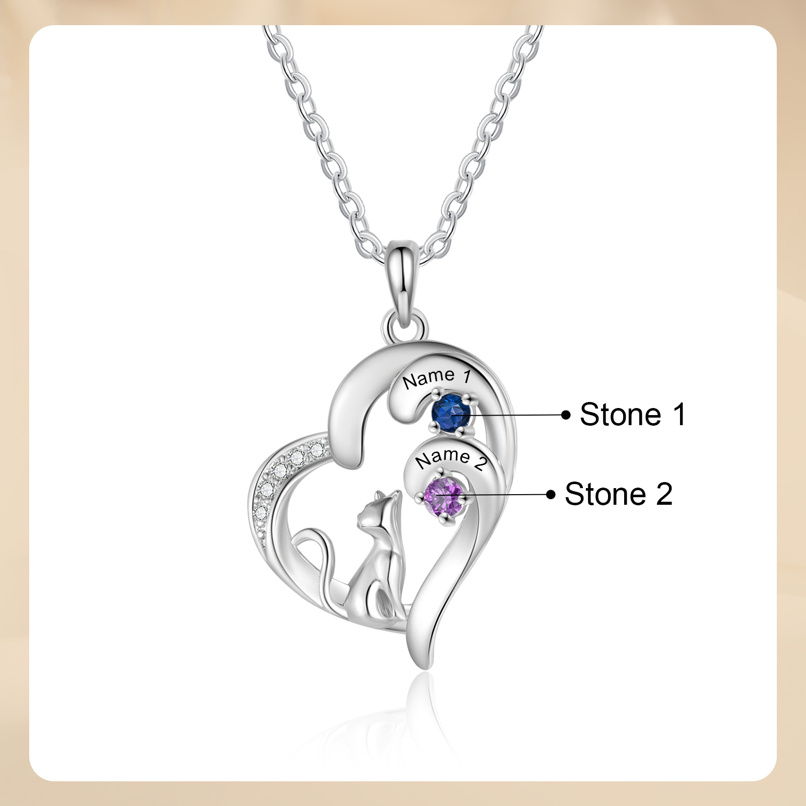 Personalized Cat Heart Necklace with 2–5 Birthstones and Names
