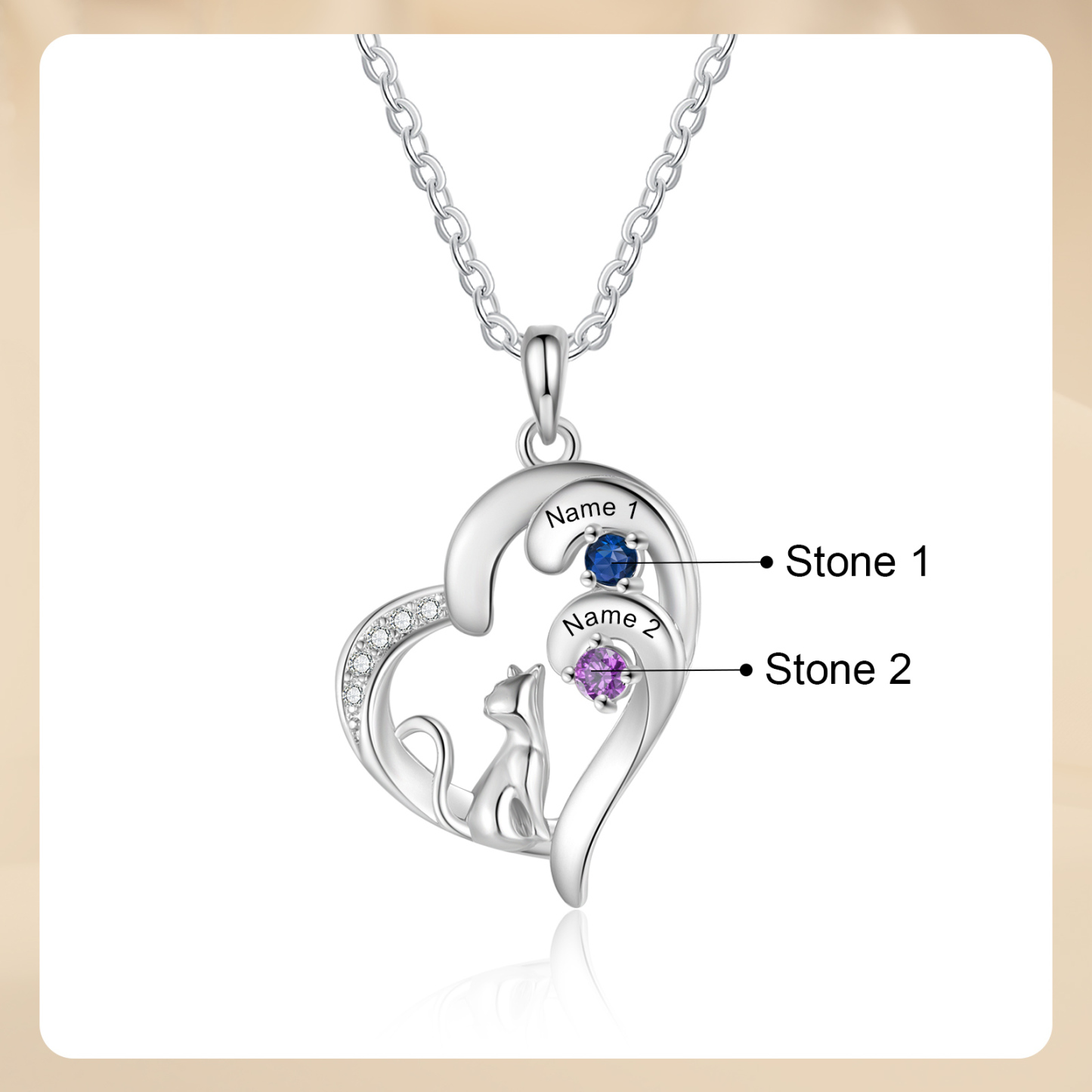 Personalized Cat Heart Necklace with 2–5 Birthstones and Names