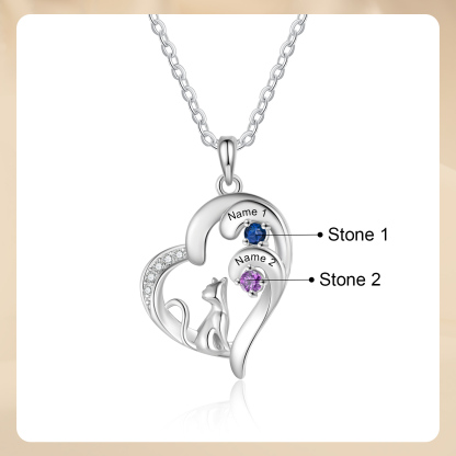 Personalized Cat Heart Necklace with 2–5 Birthstones and Names