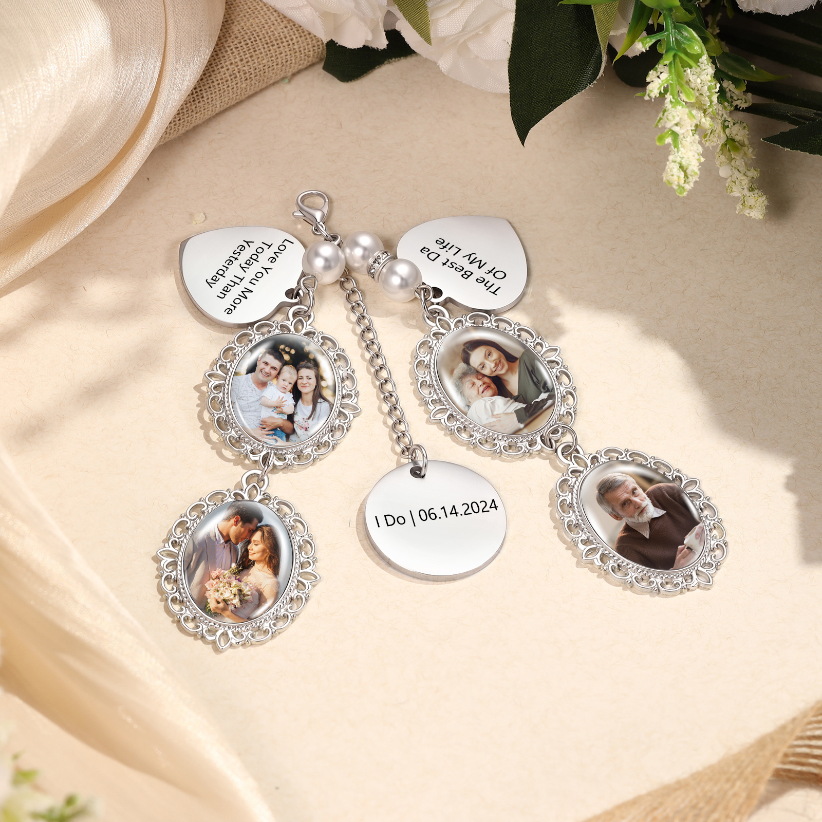 Personalized Memorial Bouquet Charm with Pearl Beads Custom 1-4 Photos