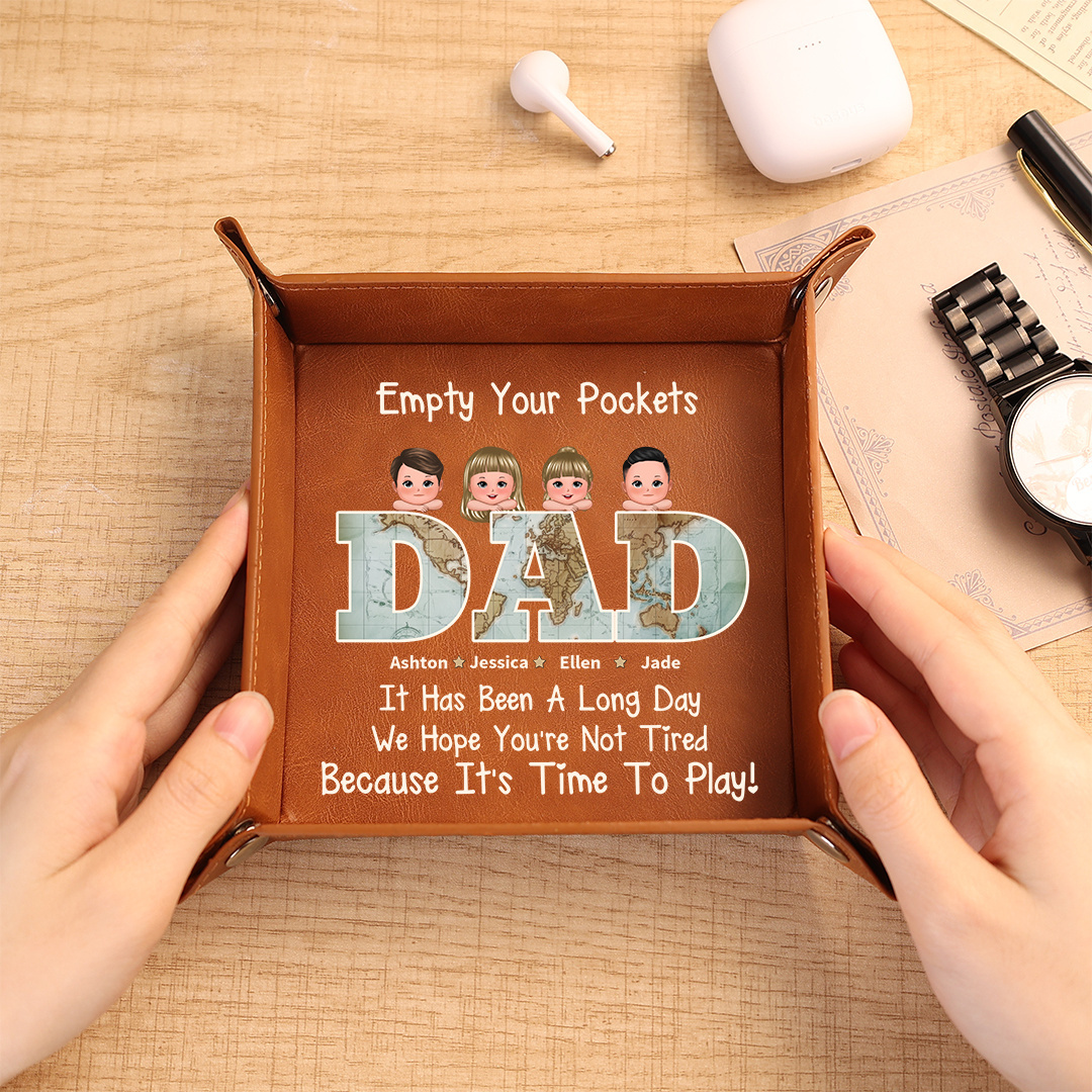 Personalized PU Leather Valet Tray Custom with 1–6 Names and Kids for Dad Father’s Day Gift