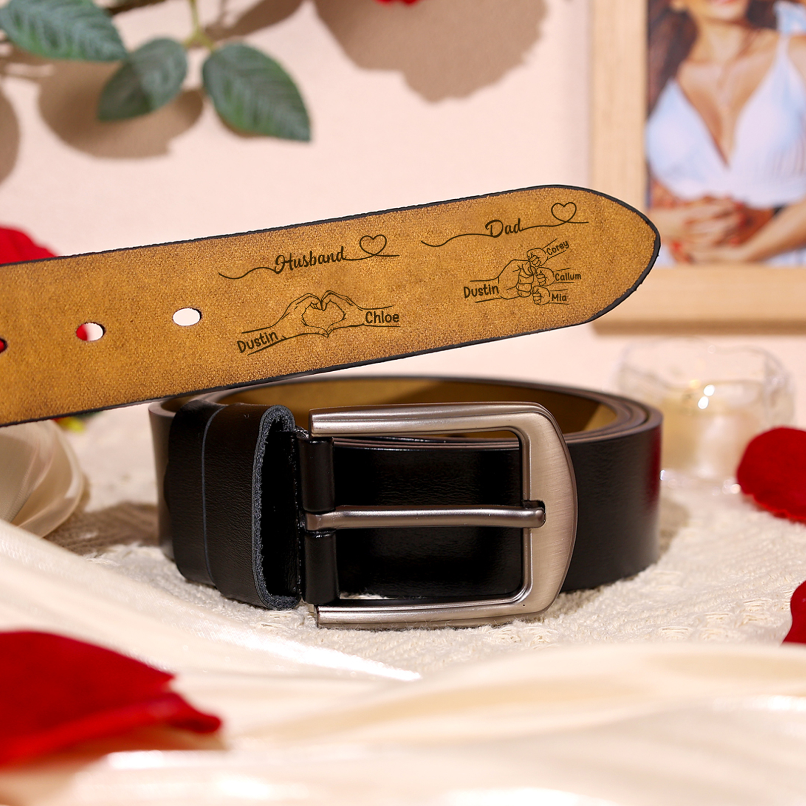 Personalized Men’s Leather Belt for Husband or Dad Engraved with Heart Hand Fist Bump