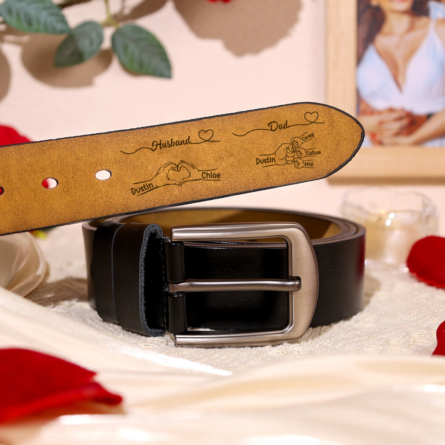 Personalized Leather Belt, Custom 2-8 Names Engraved with Heart Hand Fist Bump Two Colors (Black or Brown), Anniversary/Birthday/Father’s Day Gift for Husband or Dad | Jessemade