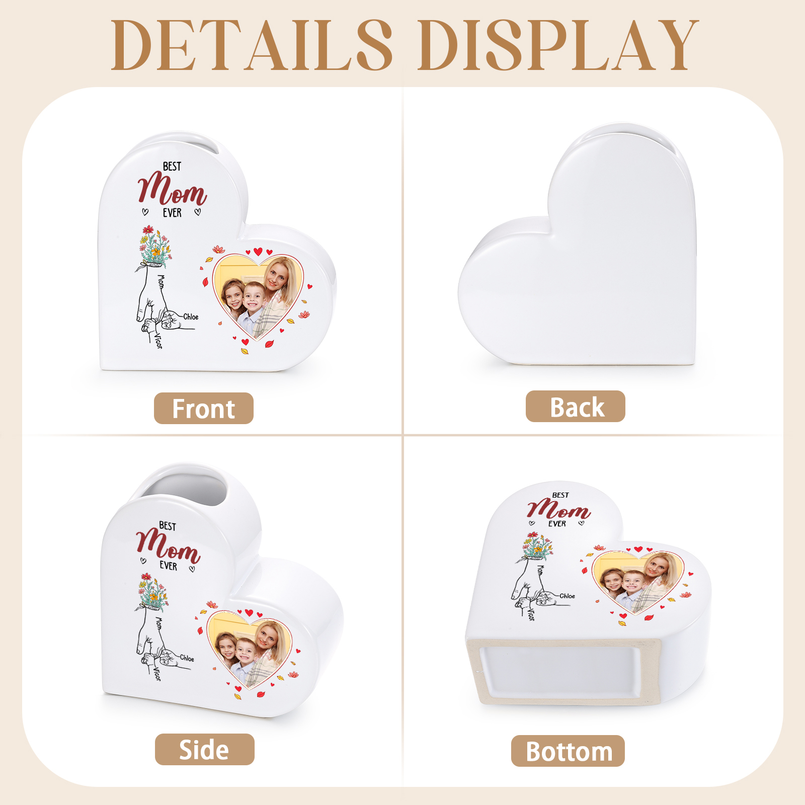 Personalized Heart Shaped Ceramic Vase Custom With 1-6 Names And Photo Gift For Mom Or Grandma