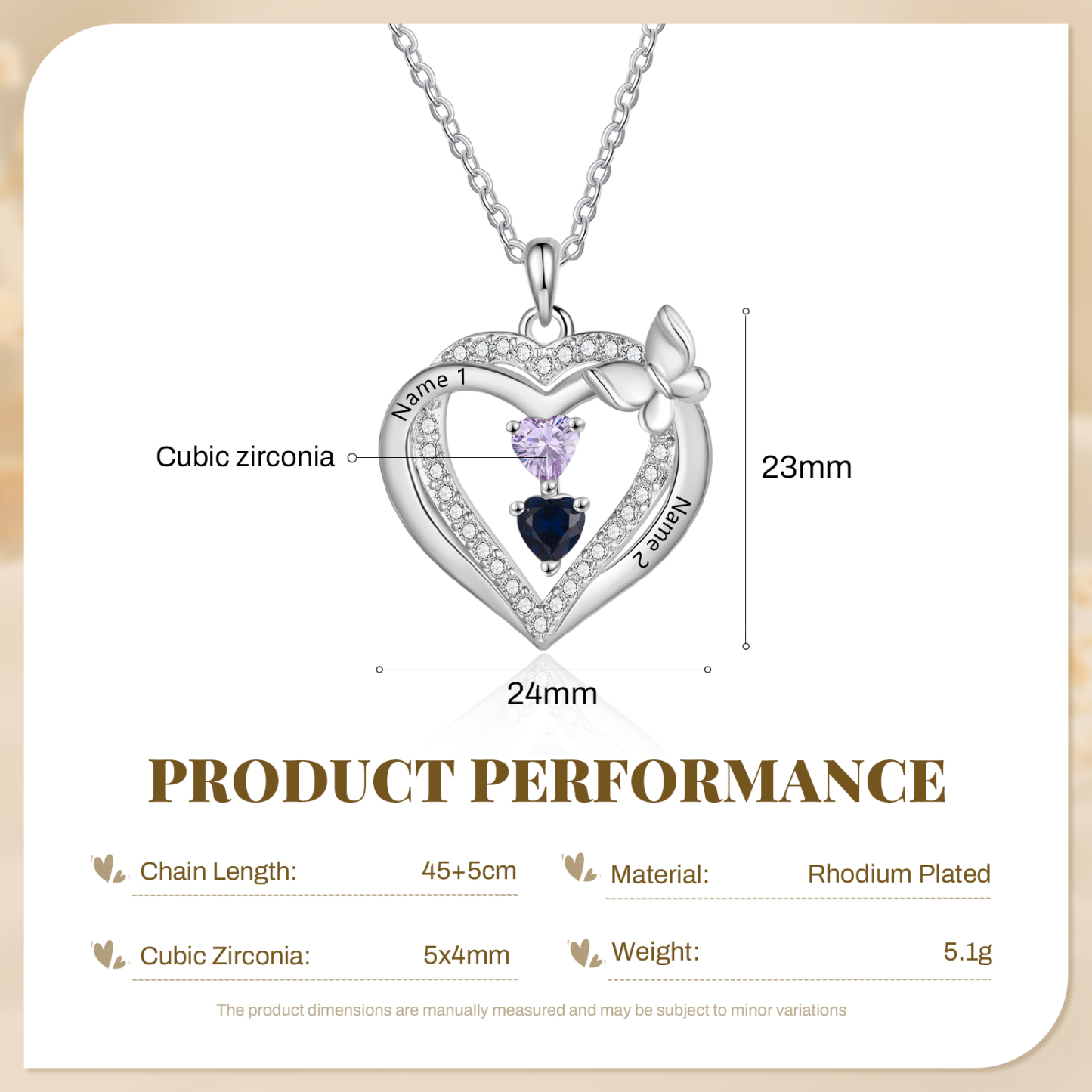 Personalized 1-3 Names Butterfly Heart Birthstone Necklace