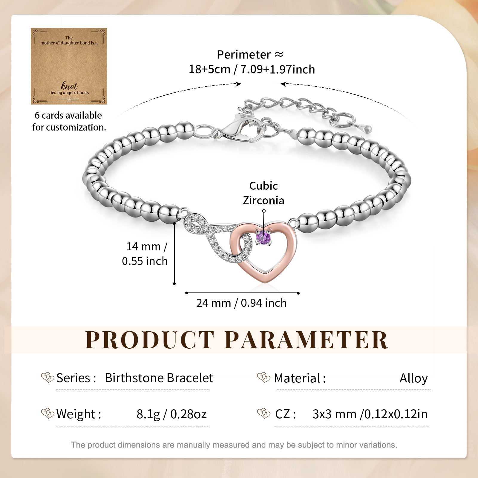 Personalized Mother Daughter Infinity Heart Birthstone Bracelet with Gift Card