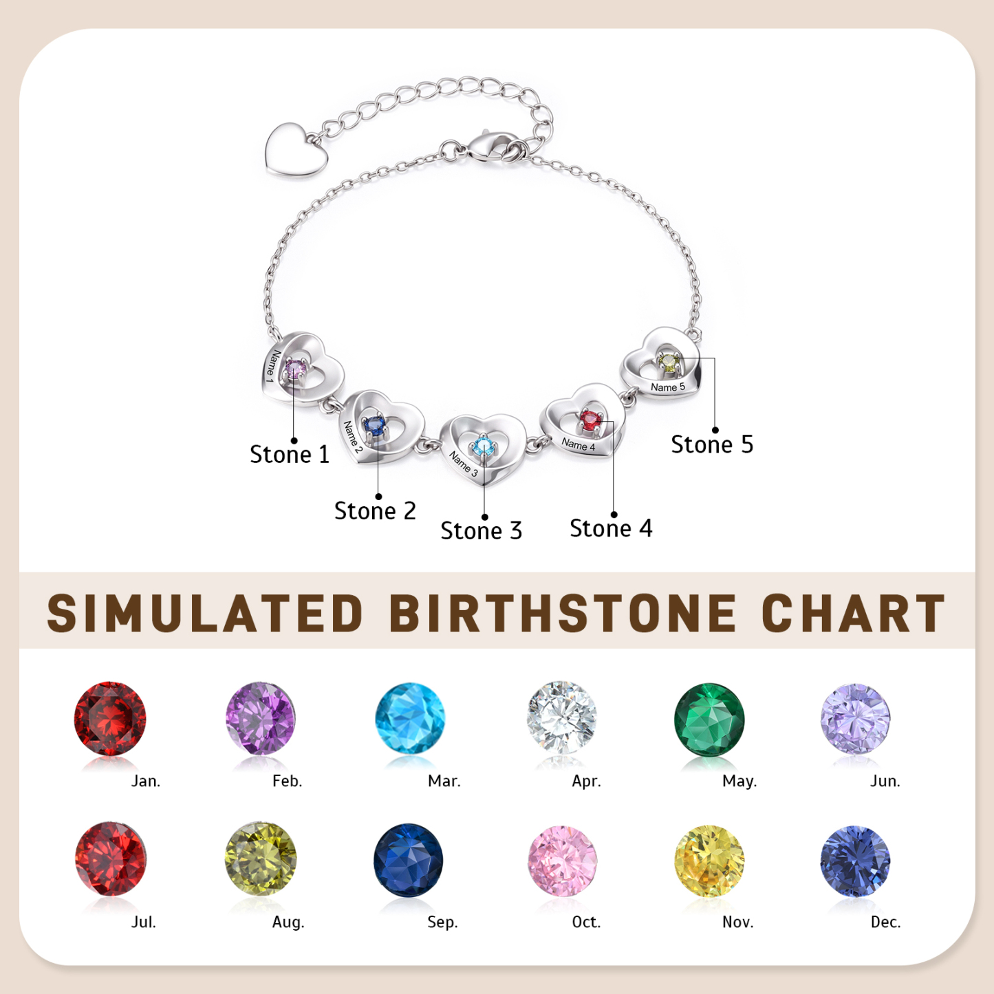 Personalized Linked Hearts Bracelet Customized with 2-5 Names and Birthstones Family Jewelry for Mom