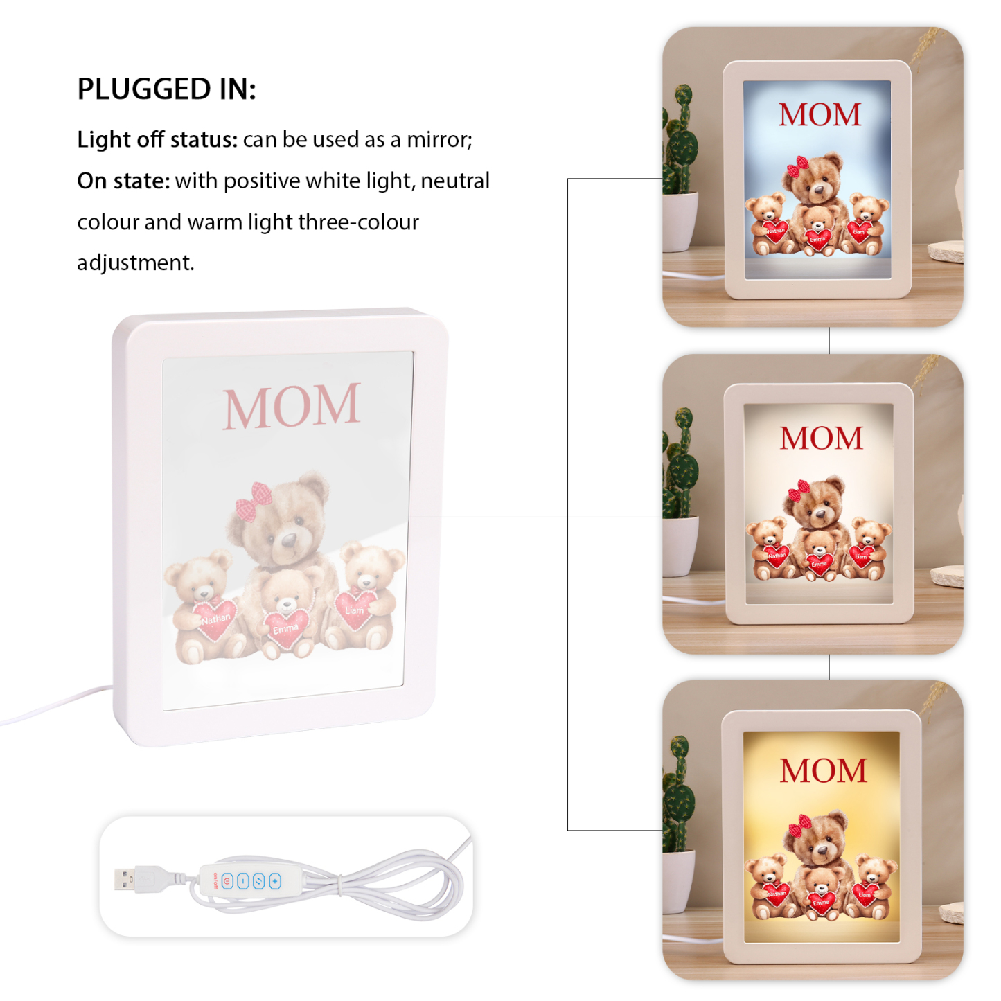 3 Names - Personalized Mom Home Bear Style Custom Text LED Night Light Gift for Mom