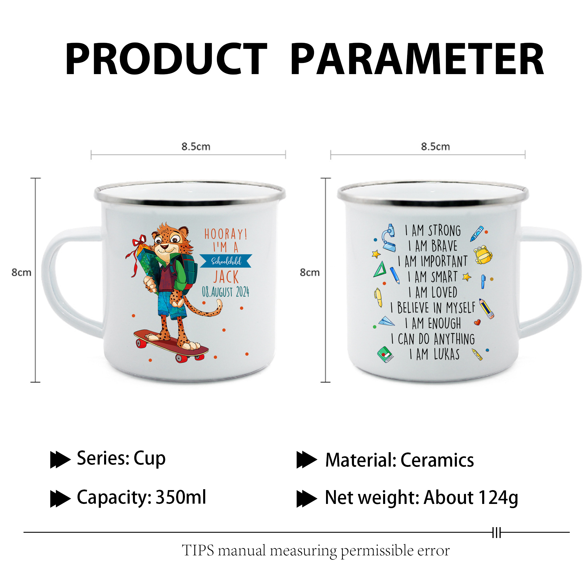 Personalized Name And Date Enamel Mug Leopard Pattern Back To School Gift For Kid