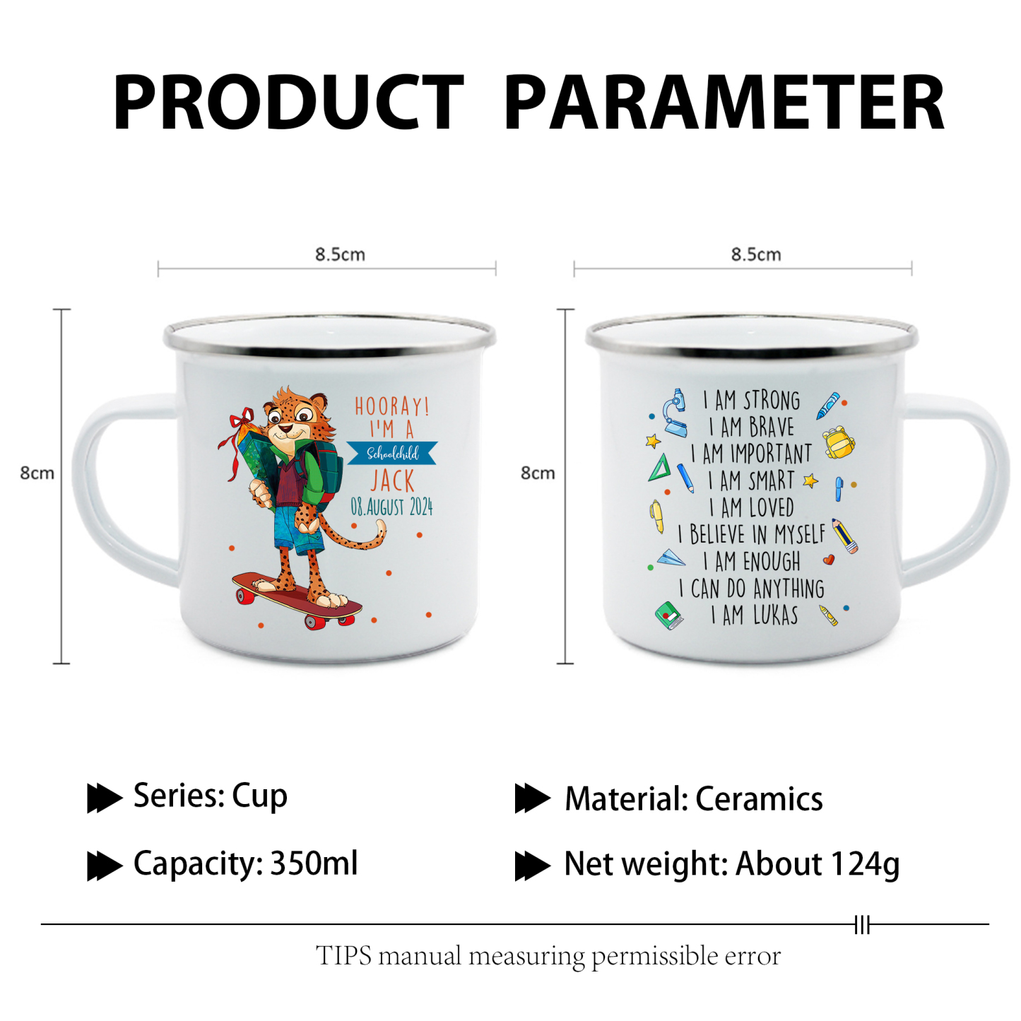 Personalized Name And Date Enamel Mug Leopard Pattern Back To School Gift For Kid