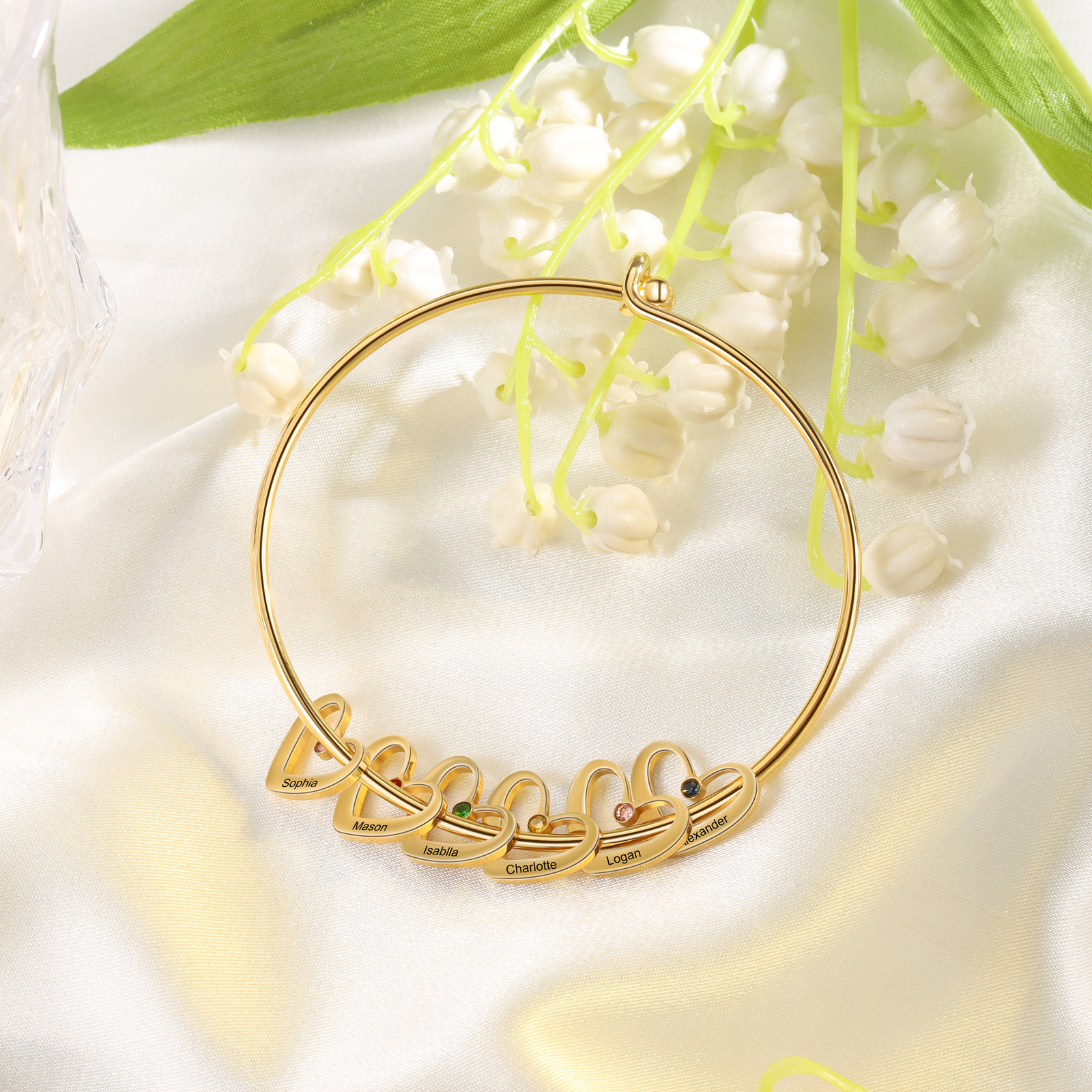 Personalized Heart Bangle With 6 Names and Birthstones Bangle Bracelet Mother's Day Gifts For women