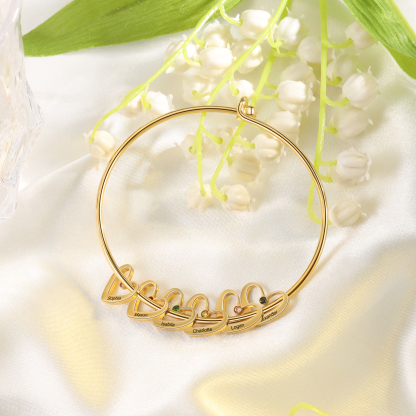 Personalized Heart Bangle With 6 Names and Birthstones Bangle Bracelet Mother's Day Gifts For women