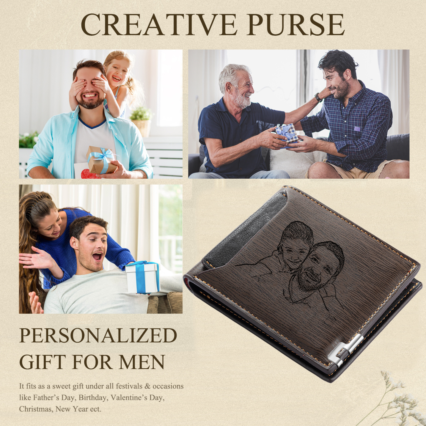 Photo Personalized Leather Wallet Gift Box Set with Keychain Customizable Letter Name Wallet Gift for Dad