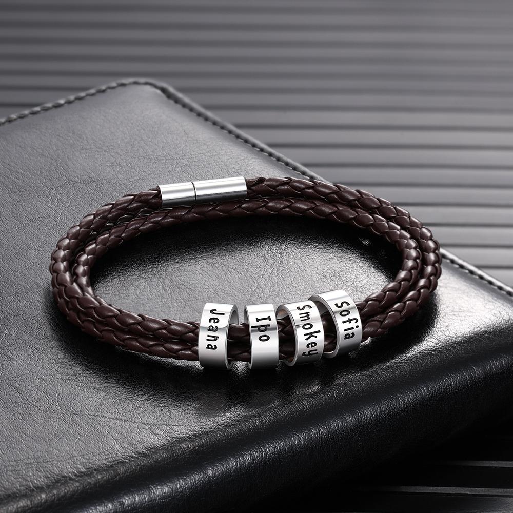 Braided Leather Personalised Name 4 Beads Men's Bracelets Gifts For Him Best Gift For Dad