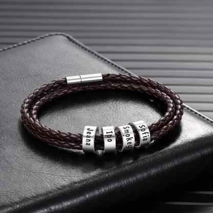 Braided Leather Personalised Name 4 Beads Men's Bracelets Gifts For Him Best Gift For Dad