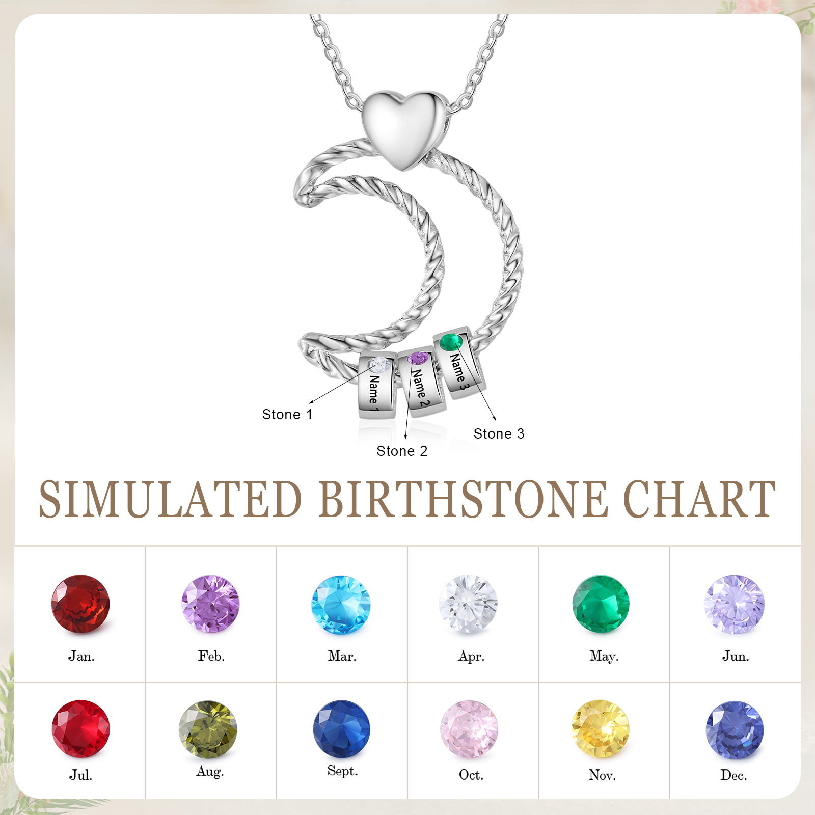 3 Names - Personalized Moon Pendant Necklace Custom Birthstones & Names Necklace Gift for Her | Jessemade