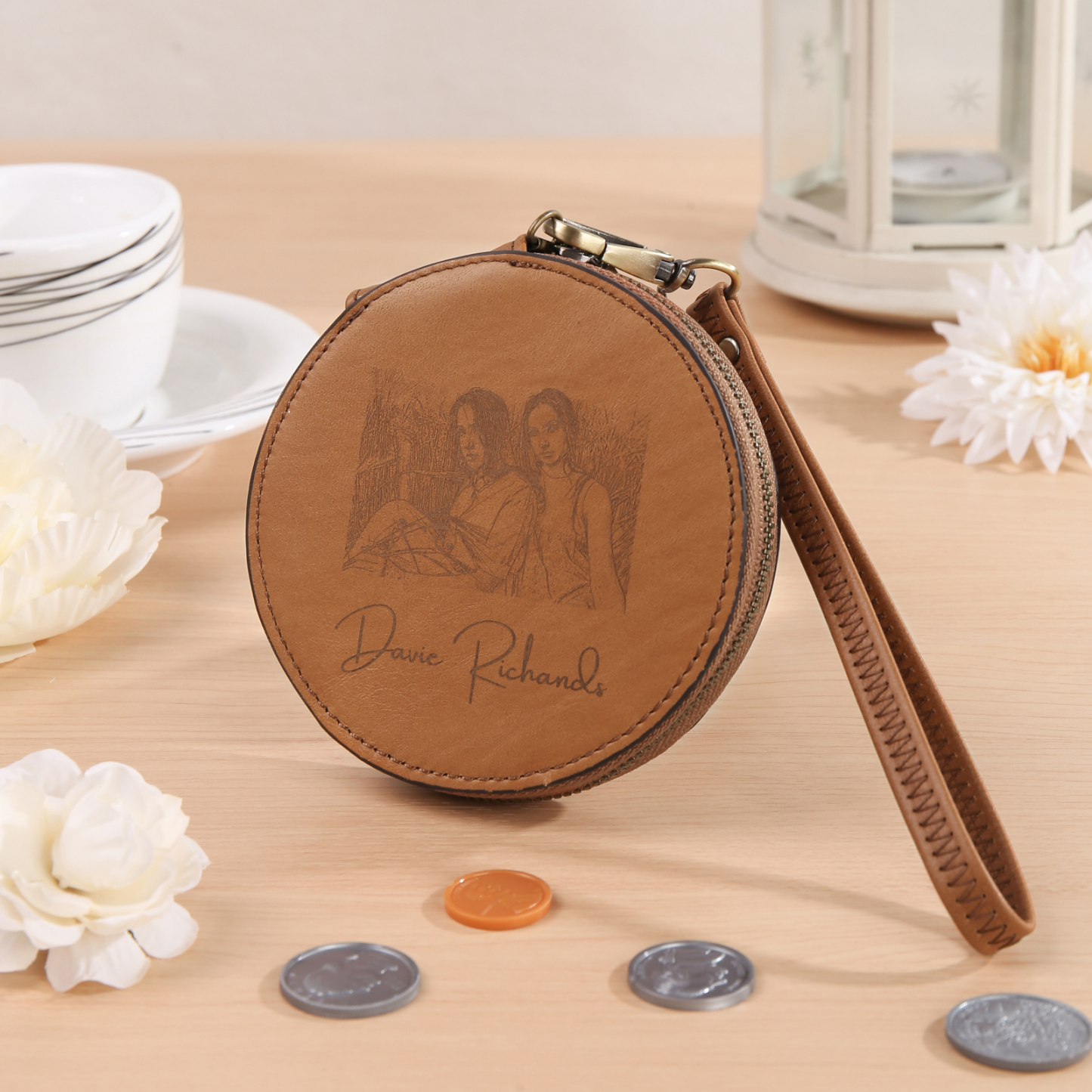 Personalized Photo Quality Leather Round Zipper Wallet Custom Text Wallet Gift for Her