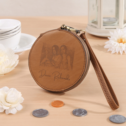 Personalized Photo Quality Leather Round Zipper Wallet Custom Text Wallet Gift for Her