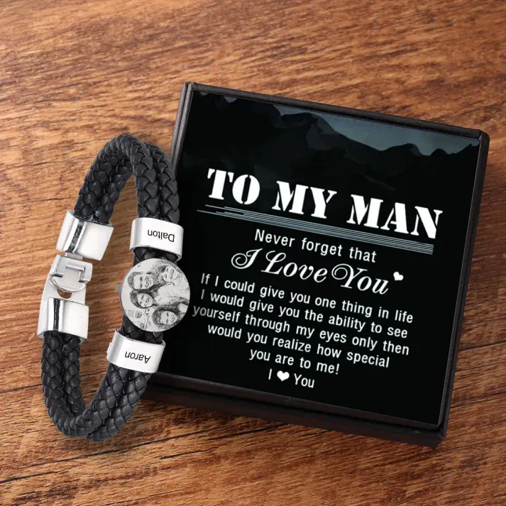 Personalized Photo Bracelet with 2 Names Leather Bracelet Beaded Wrap Bracelet Valentine's gift for Him | Jessemade