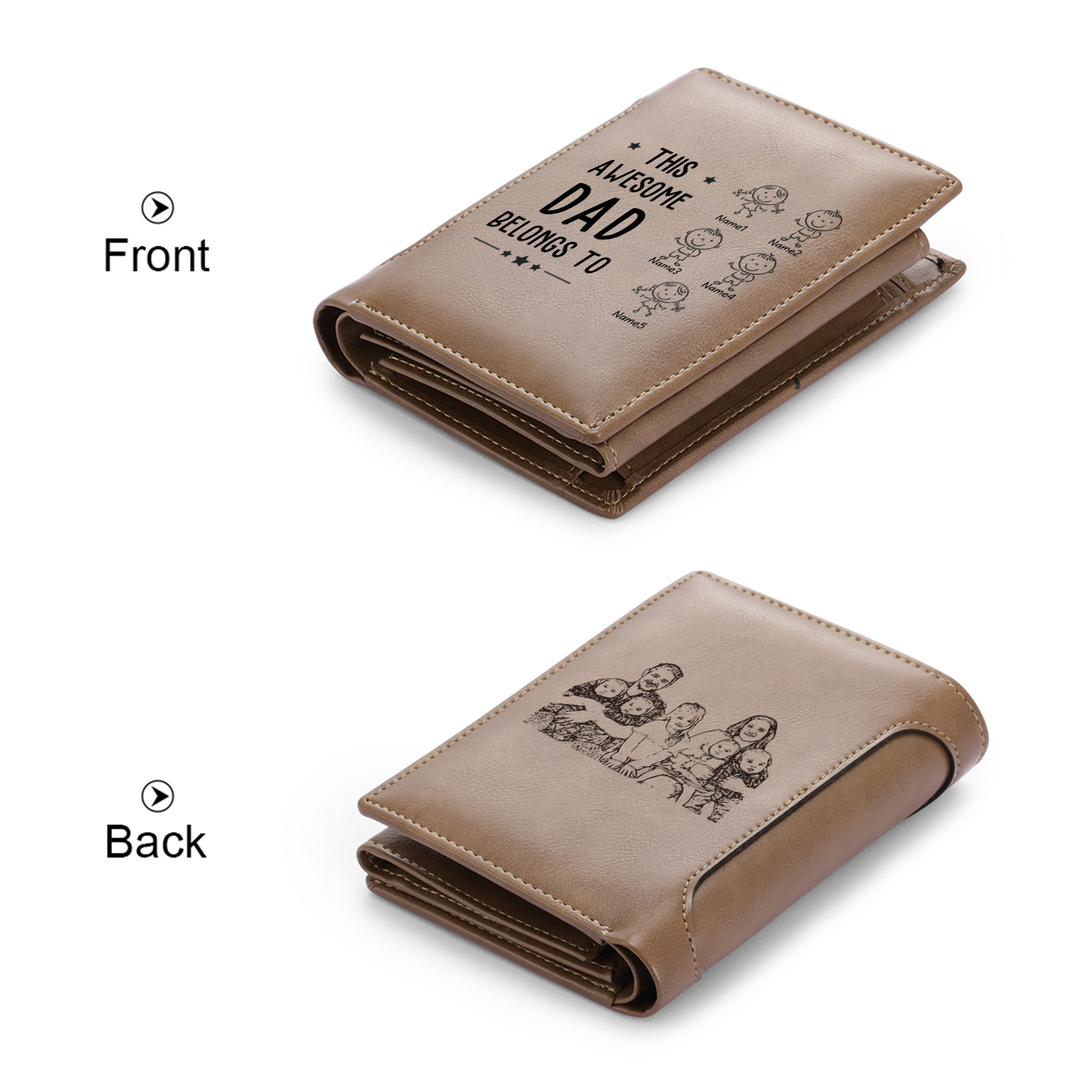 5 Names-Personalized Doll Customized Leather Men's Wallet Customized Name Folding Brown Wallet for Dad