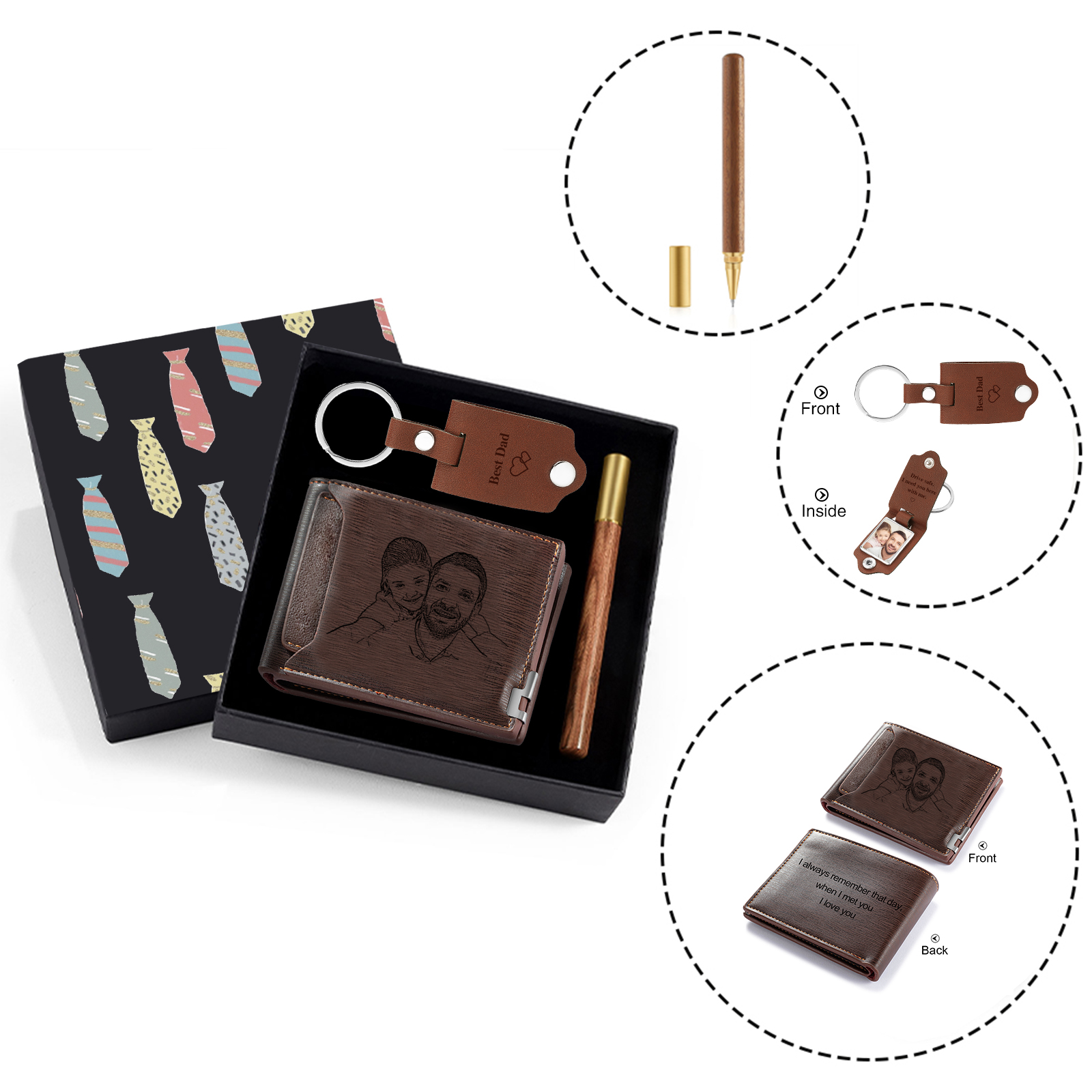 Personalized Leather Wallet Gift Box Set with Keychain Customizable 2 Photo and 3 Text Wallet Gift for Him