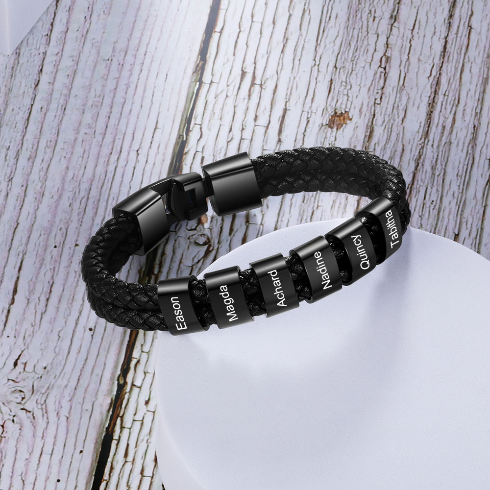 6 Names-Personalized Grandpa Braided Leather Bracelet Card Set, Custom Bracelet Engraved 6 Names Bracelet for Grandpa