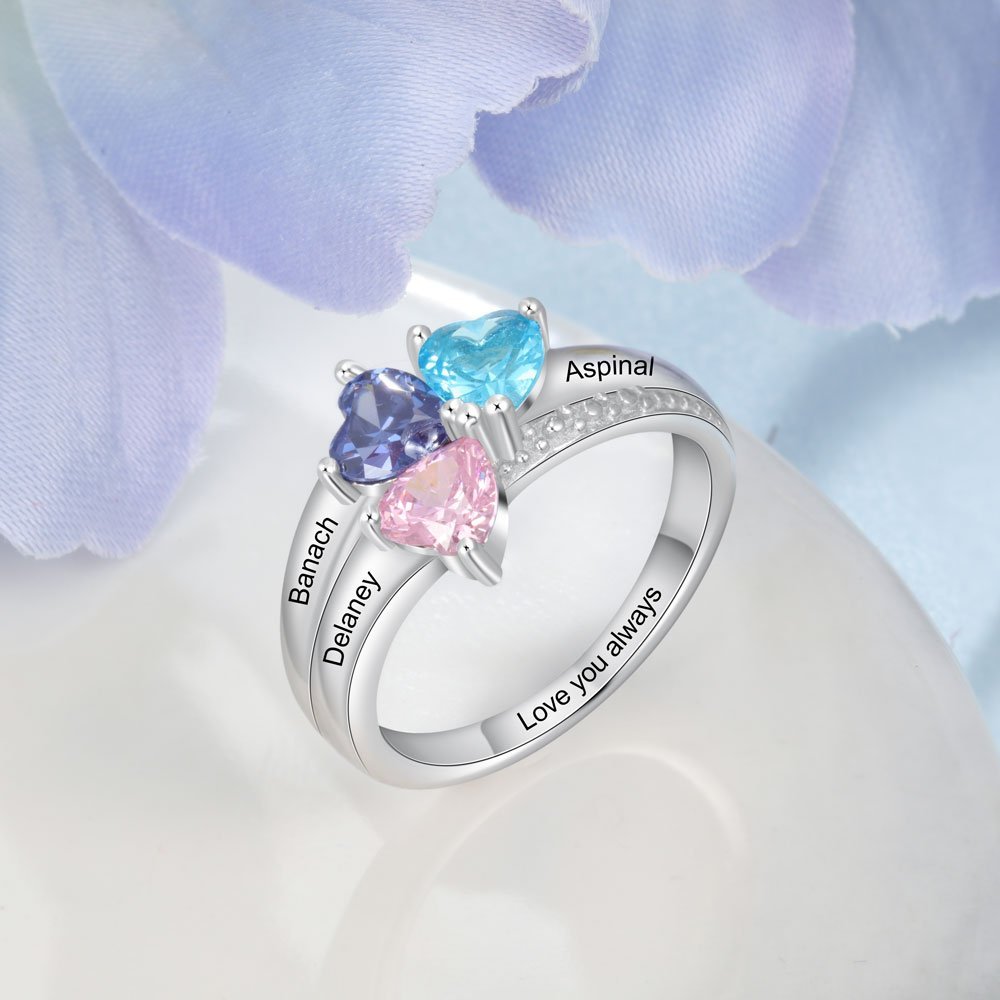 Personalized 3 Birthstones Mothers Ring With Names Gifts For Her