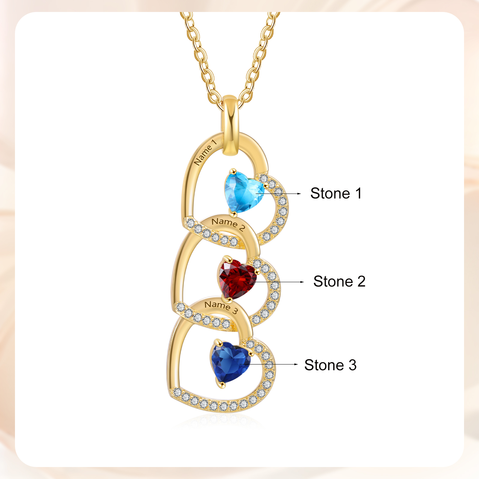 3 Names-Personalized Hearts Necklace Custom Birthstone Necklace Gifts for Mom