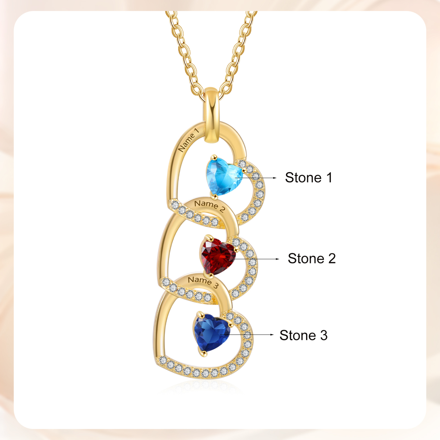 3 Names-Personalized Hearts Necklace Custom Birthstone Necklace Gifts for Mom