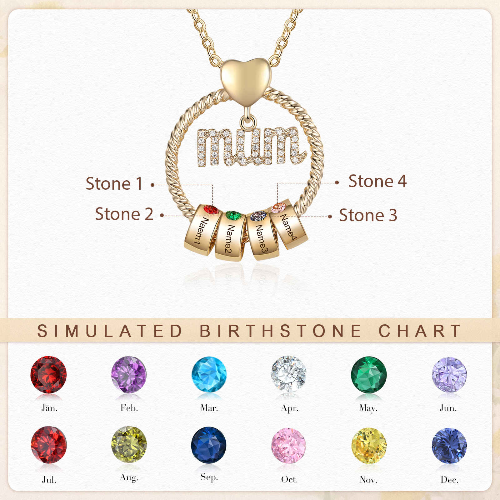 Personalized Circle Necklace With 4 Birthstones Pendant Engraved Names Gift For Mum