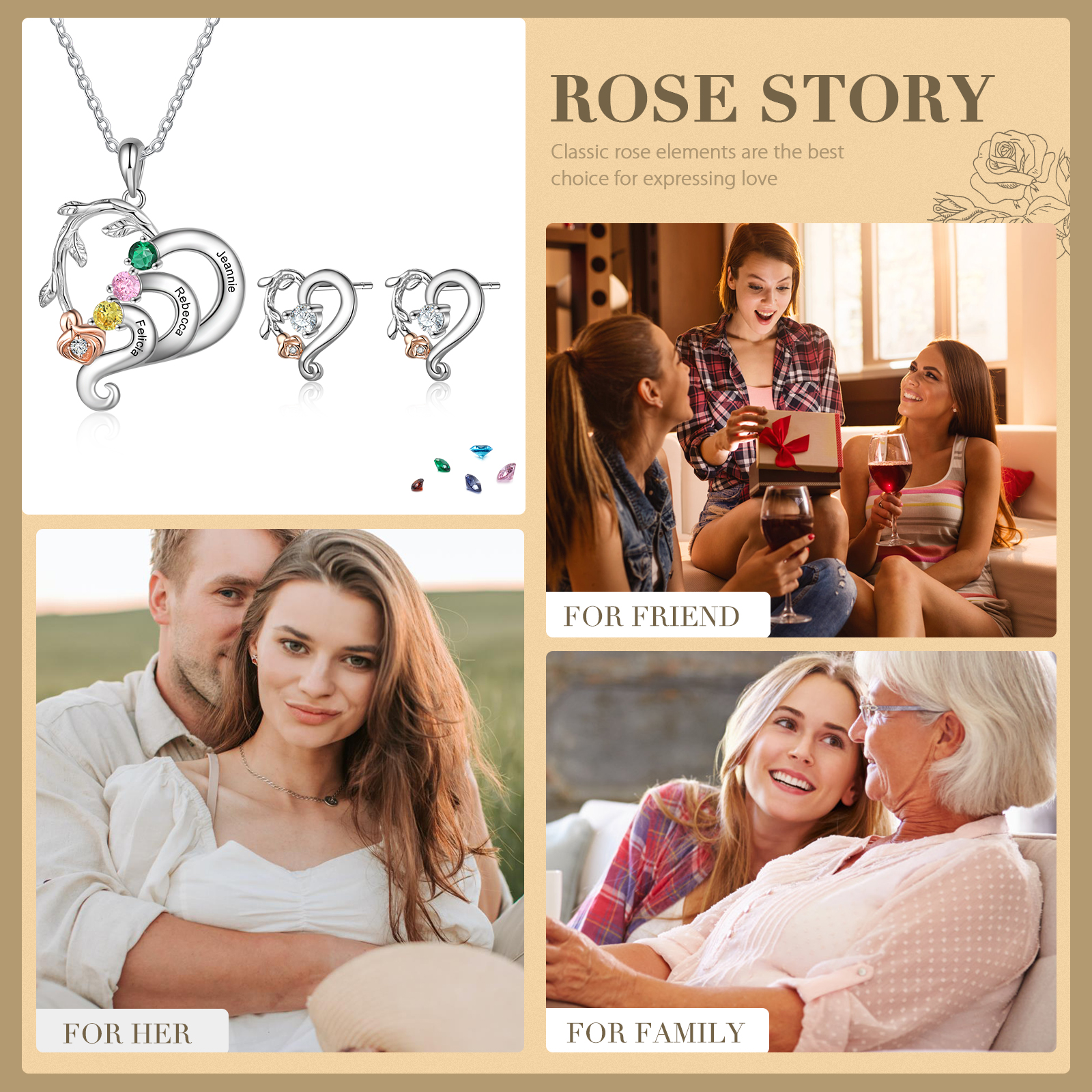 Personalized Rose Flower Heart Necklace With 3 Birthstones And Earring Custom Names Necklace For Her