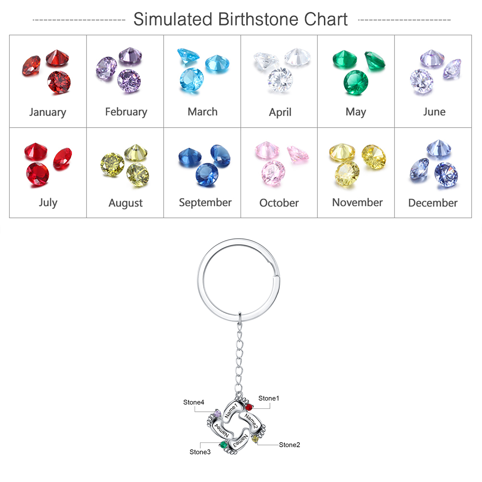 Personalized Baby Feet Keychain With 4 Birthstones Engraved names Keychain Gifts For Mother