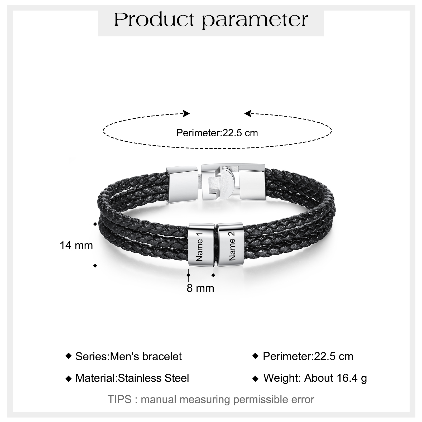 Personalized Braided Leather Bracelet Engraved 2 Names Men's Bracelet Gifts For Him