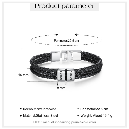 Personalized Braided Leather Bracelet Engraved 2 Names Men's Bracelet Gifts For Him