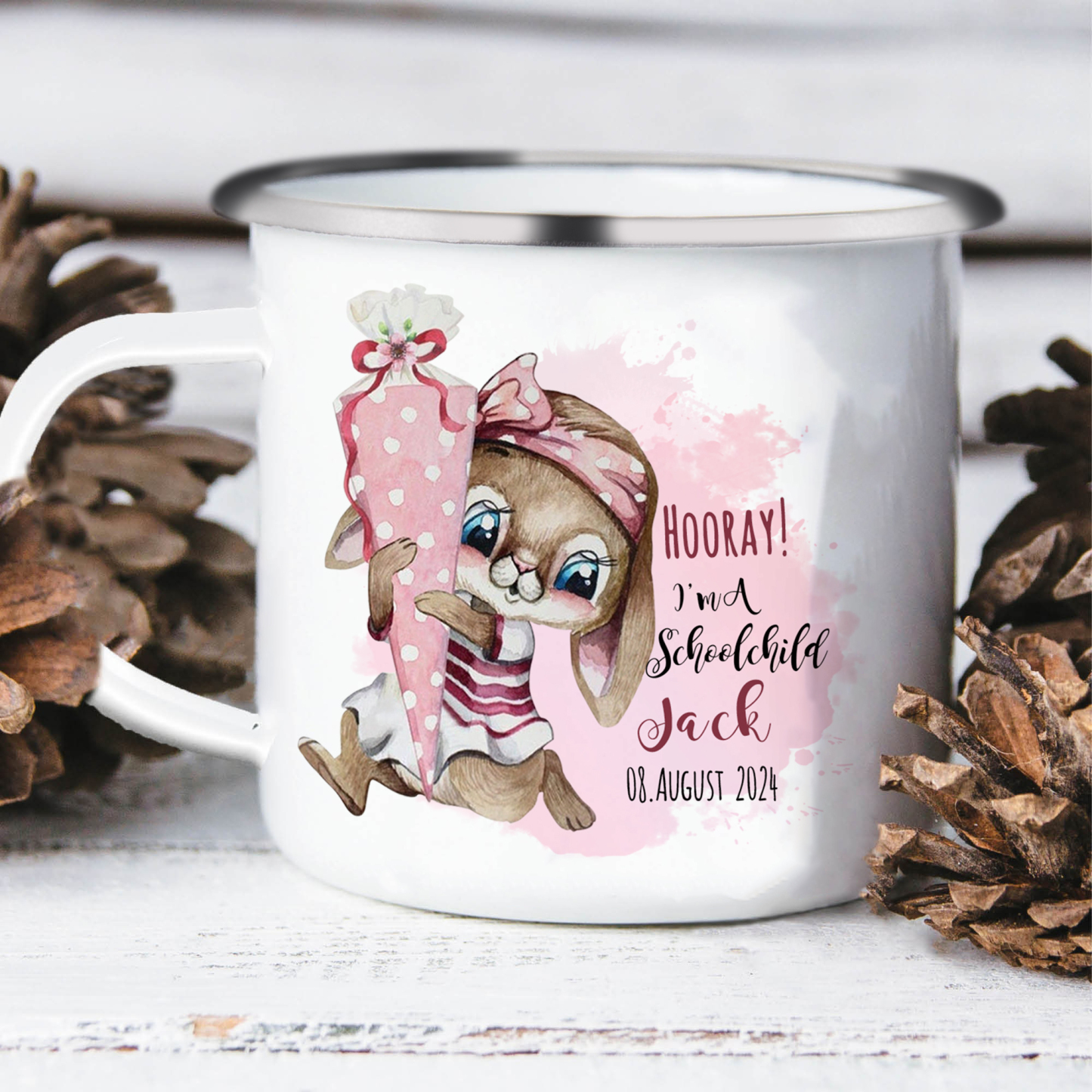 Personalized Name And Date Enamel Mug Bunny Pattern Back To School Gift For Kid