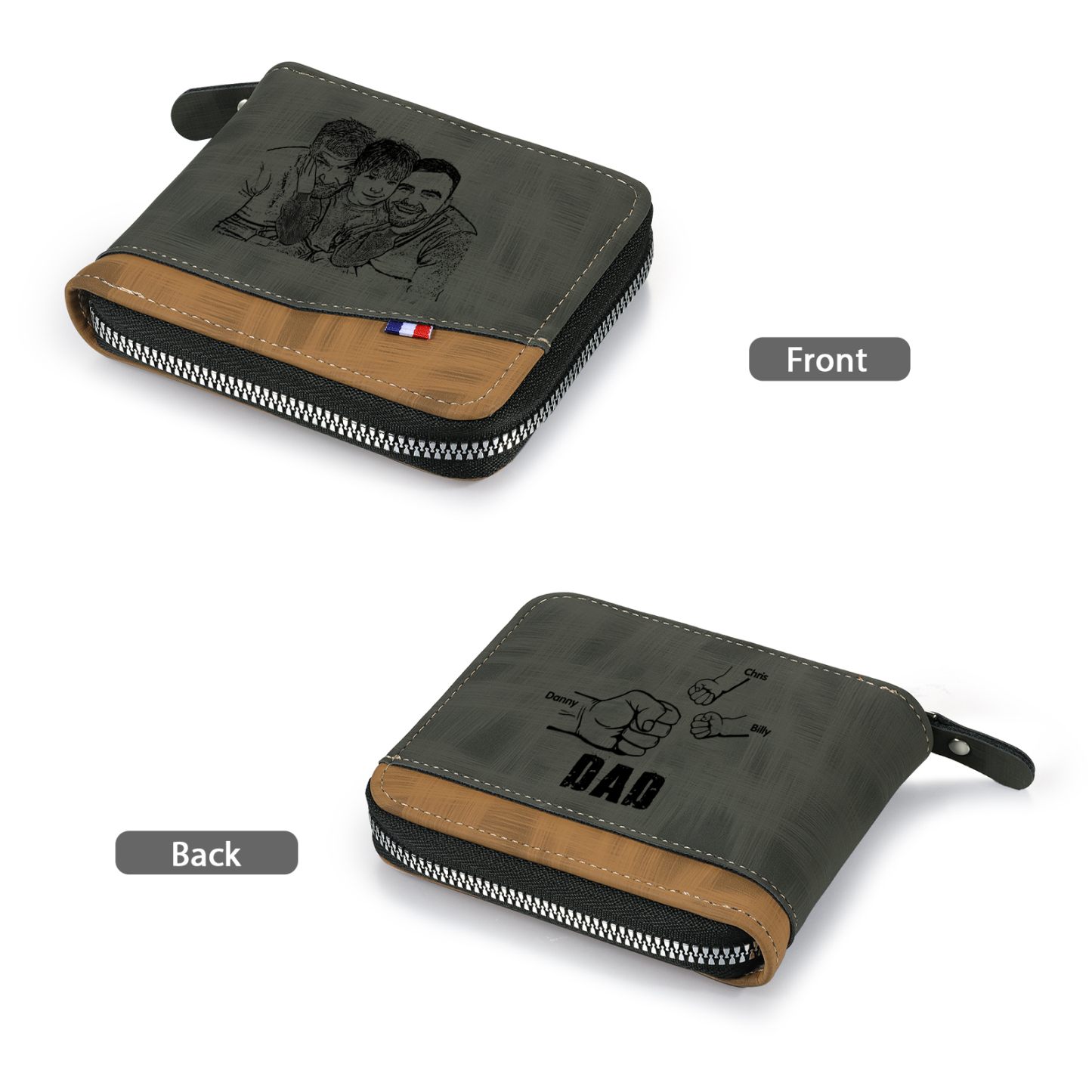 3 Names - Personalized Photo Custom Leather Men's Zipper Wallet as a Father's Day Gift for Dad