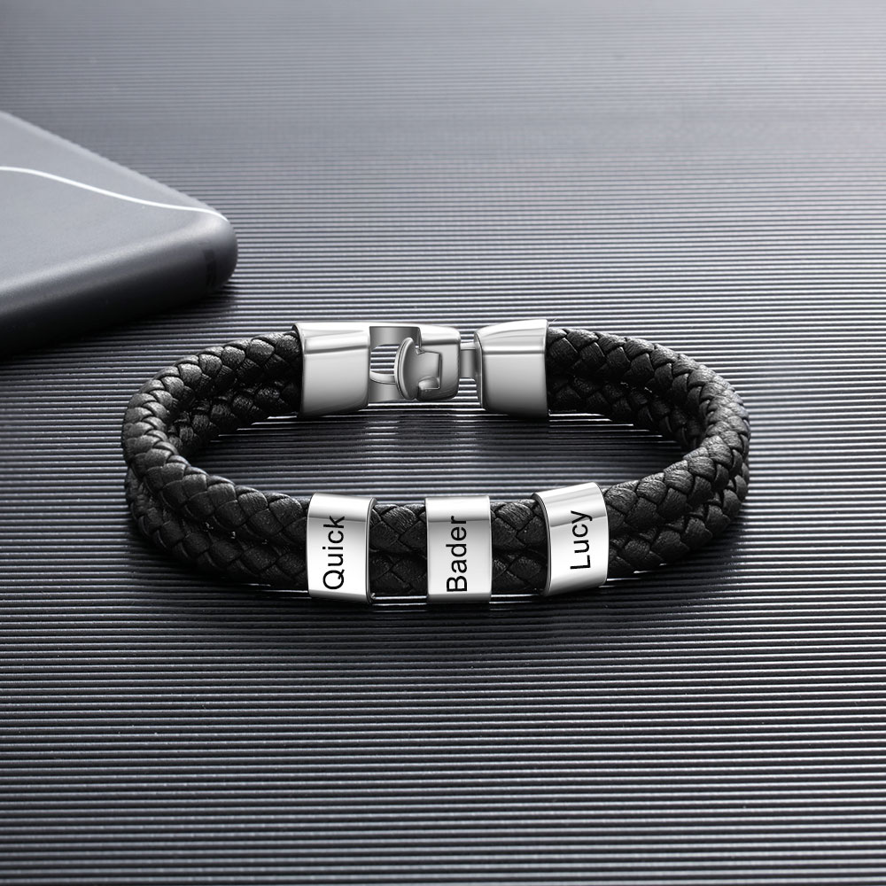 3 Names Personalized Braided Leather Bracelet Engraving Men's Bracelet Gift for Dad