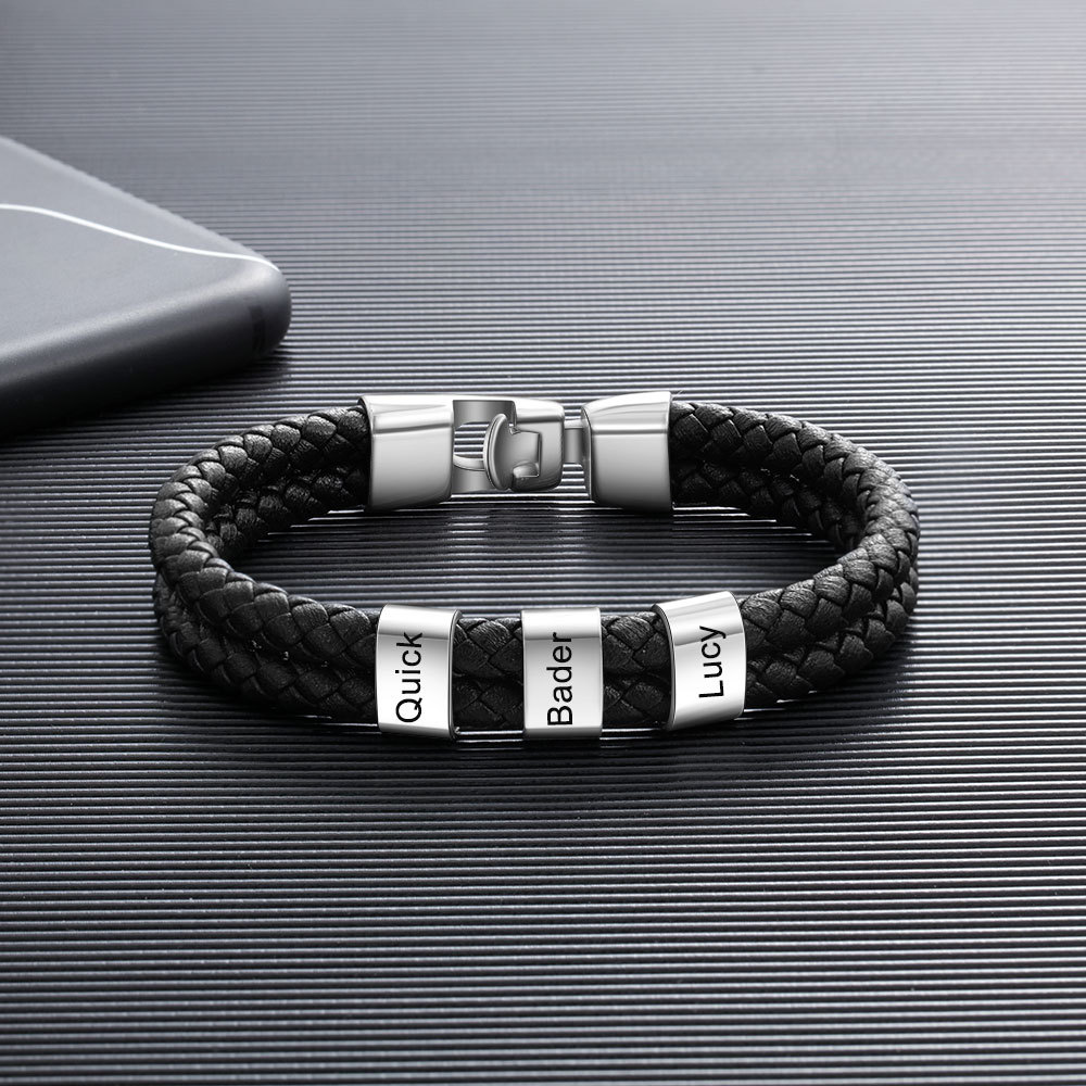 Personalized Braided Leather Bracelet Engraved 3 Names Men's Bracelet for Him