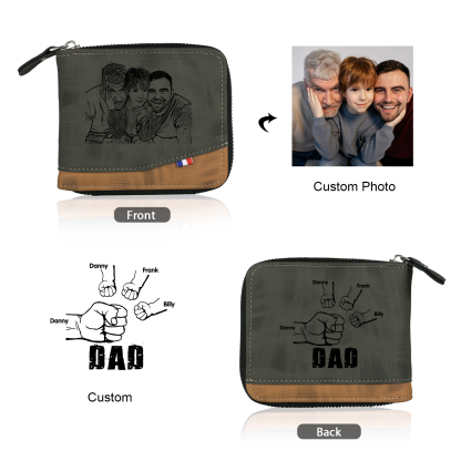 4 Names - Personalized Photo Custom Leather Men's Zipper Wallet as a Father's Day Gift for Dad