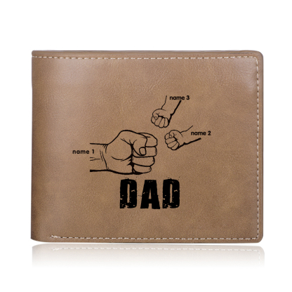 Personalized Leather Mens Wallet Engraved 3 Names Fist Bump Folding Wallet Father's Day Gifts