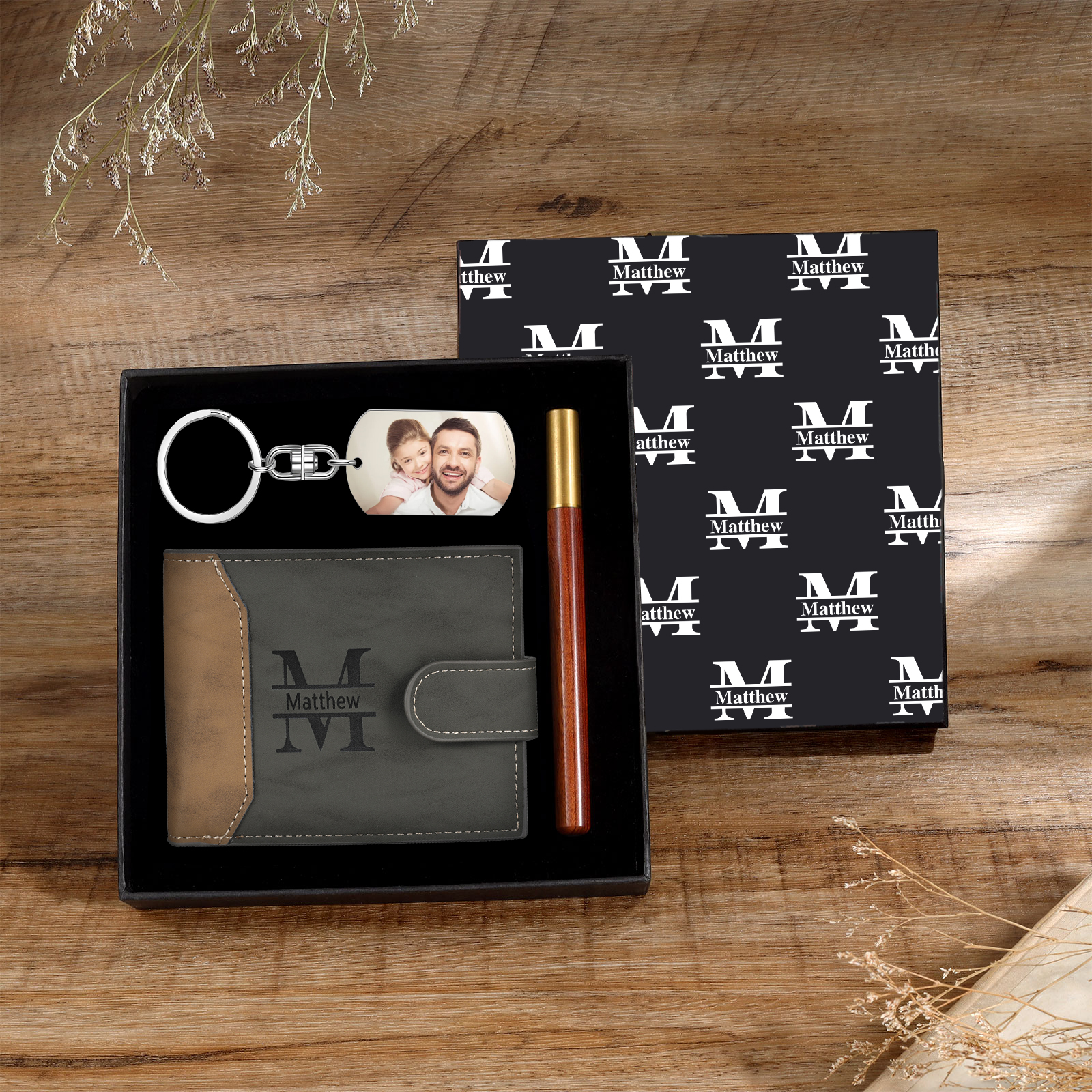 Personalized Leather Wallet Gift Box Set with Keychain Customizable Photo Letter and Name Wallet Gift for Dad