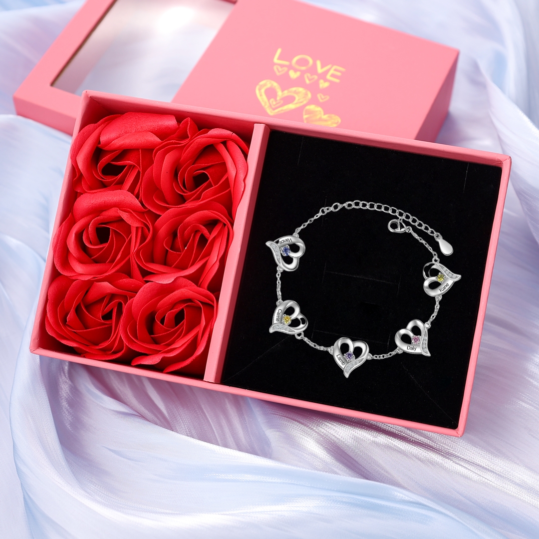 5 Names-Personalized Heart Bracelet With 5 Birthstones Bangle Engraved Names Bangle For Her