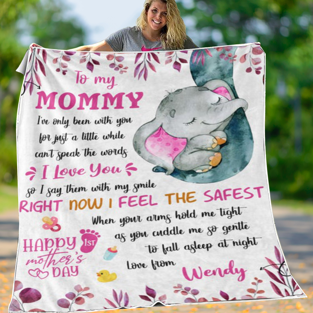 To My Mommy Personalized Name Fleece Blanket - Custom Children's Name Happy Mother's Day Sleeping Elephant Blanket 