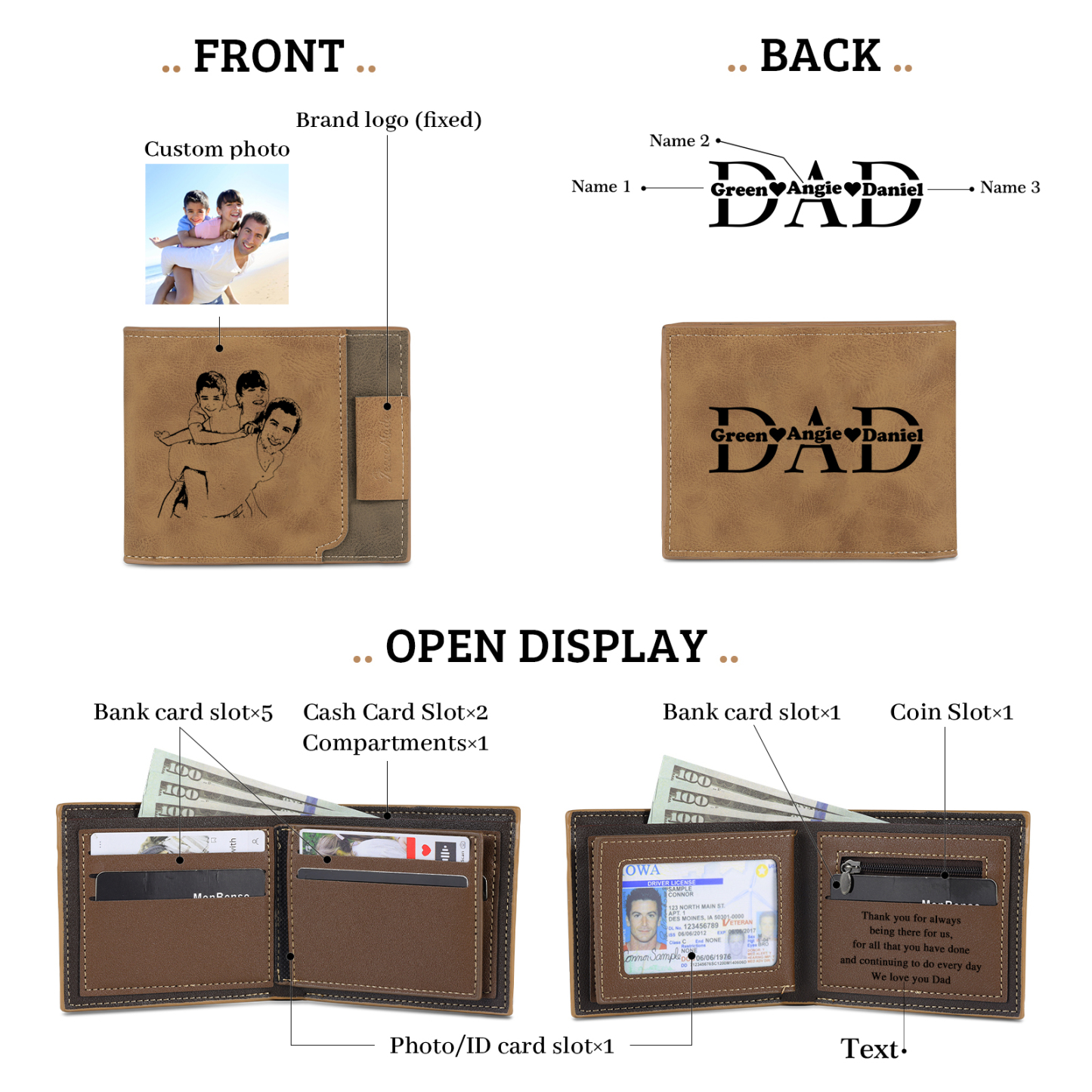 3 Names - Personalized Photo Custom Leather Men's Wallet as a Father's Day Gift for Dad