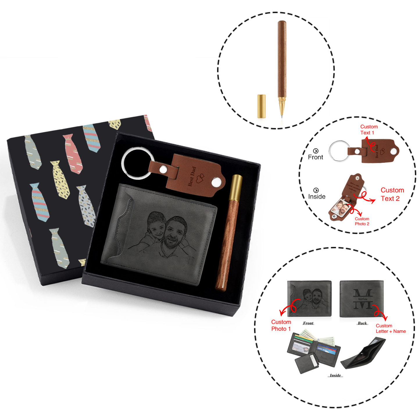 Personalized Leather Wallet Gift Box Set with Keychain Customizable Photo,Text ,Name and Letter Wallet Gift for Him