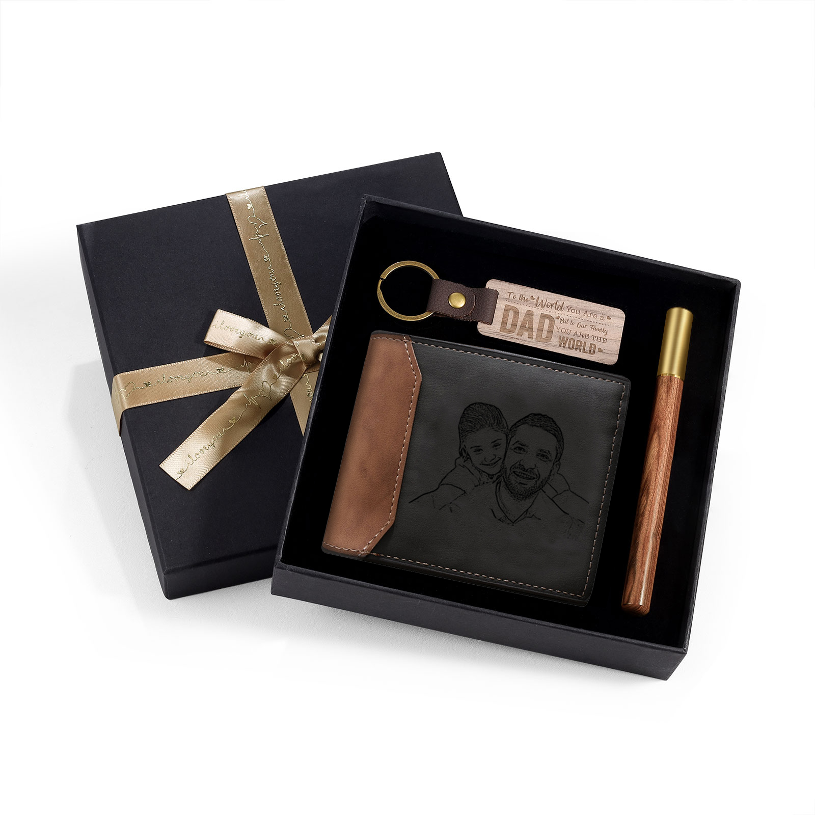 Personalized Leather Wallet Gift Box Set Keychain, Customizable Photo Name Letter Wallet Gift for Dad