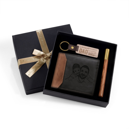 Personalized Leather Wallet Gift Box Set Keychain, Customizable Photo Name Letter Wallet Gift for Dad