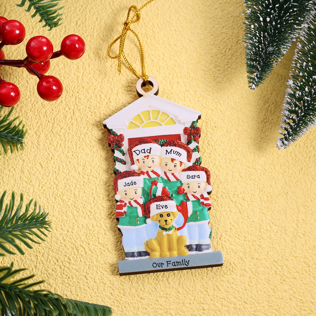3 Names+Dog Name-Personalized Family Christmas Xmas Tree Decoration Hanging Wooden Ornament with Name-Family with Dog