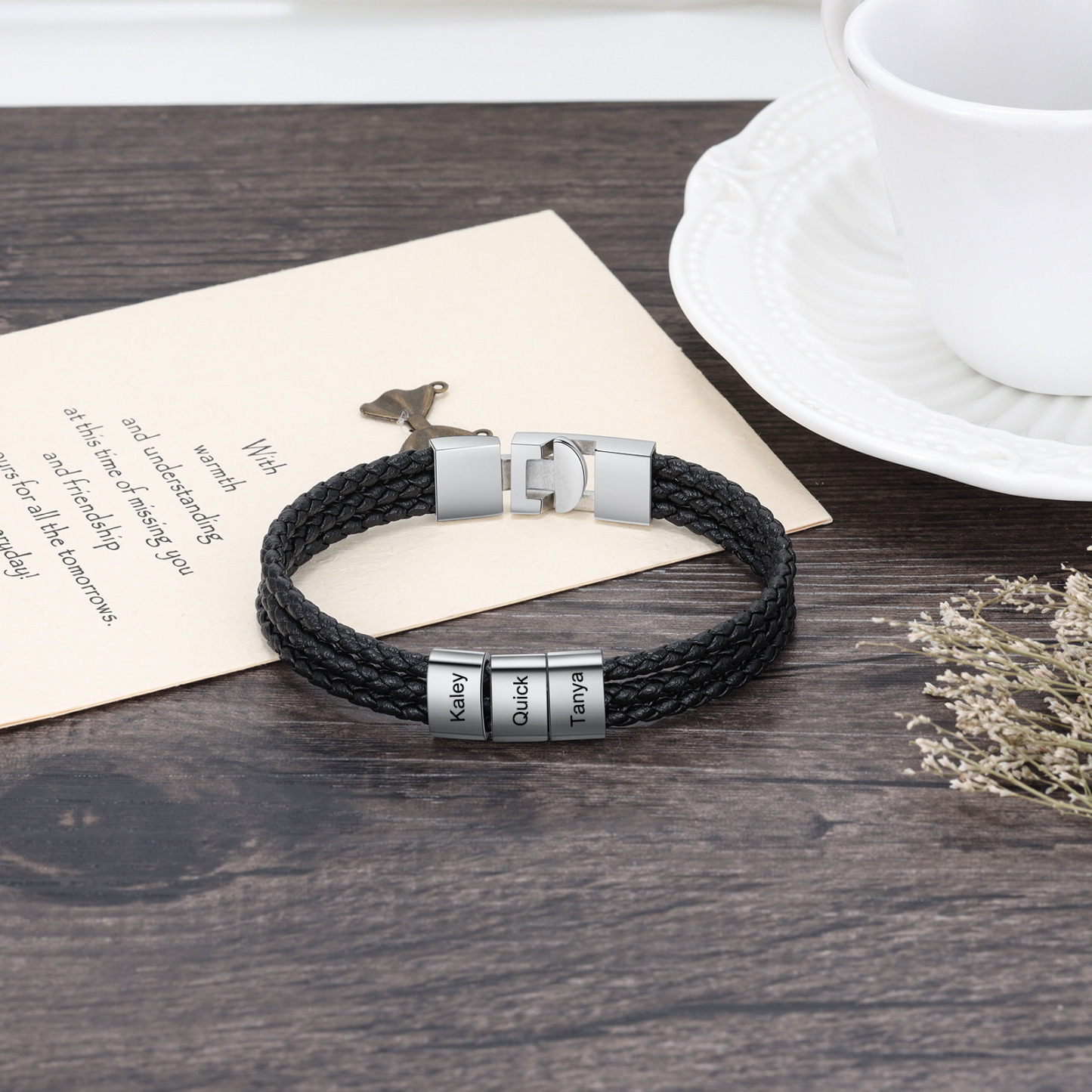 Personalized Braided Leather Bracelet Engraved 3 Names Men's Bracelet Gifts For Him